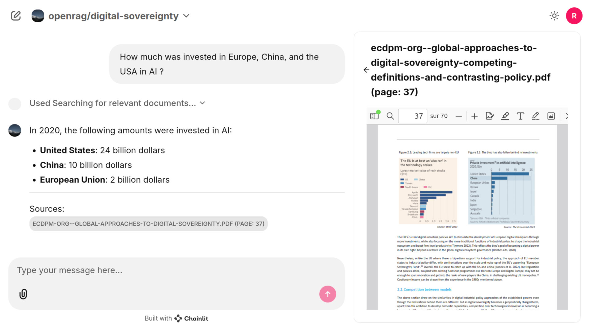 How much was invested in Europe, China, and the USA in AI? (Chainlit)
